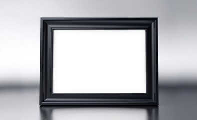 A sleek black 3D frame its edges meticulously crafted to perfection leans gracefully against a polished metallic backdrop its form hinting at a minimalist design This elegant frame is poised to showca
