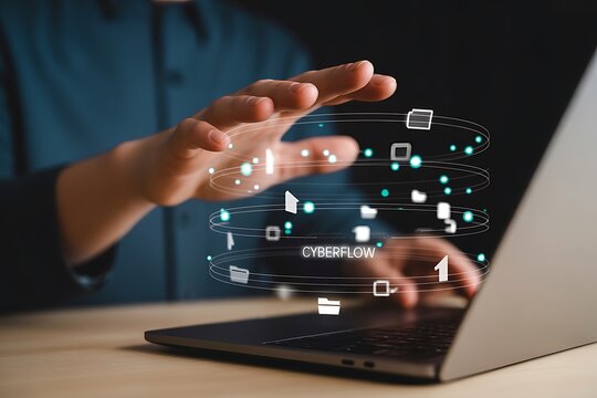 Person interacting with digital data stream technology