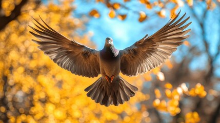 Pigeon in flight, autumnal backdrop