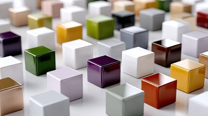 Small, vibrant cubes in various colors scattered on a white surface, creating a visually striking and minimalist design