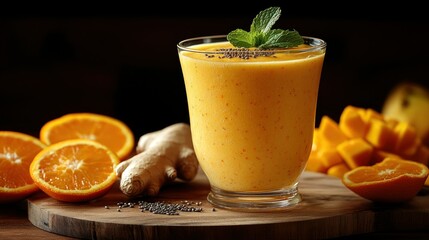 Vibrant orange smoothie with mango, orange, ginger, and chia seeds