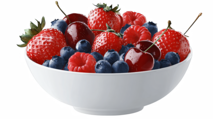 Fresh colorful mixed berries in a white bowl, including strawberries, raspberries, cherries, and blueberries against a transparent background.