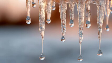 Icicle melting water drops cold frozen winter drip close up reflecting warm light creating serene delicate frost crystal outdoor - Powered by Adobe