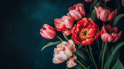High-quality stock photo depicting ornamental floral patterns of peonies and tulips in warm, rich colors against a moody dark background, suitable for luxury interior prints
