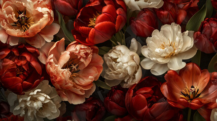 High-quality stock photo depicting ornamental floral patterns of peonies and tulips in warm, rich colors against a moody dark background, suitable for luxury interior prints