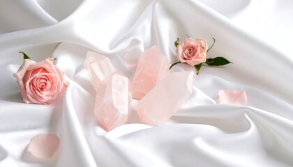 Fototapeta premium Pink crystals and roses on satin