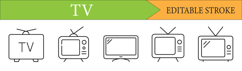 TV Television Line Icon Set with Editable Stroke