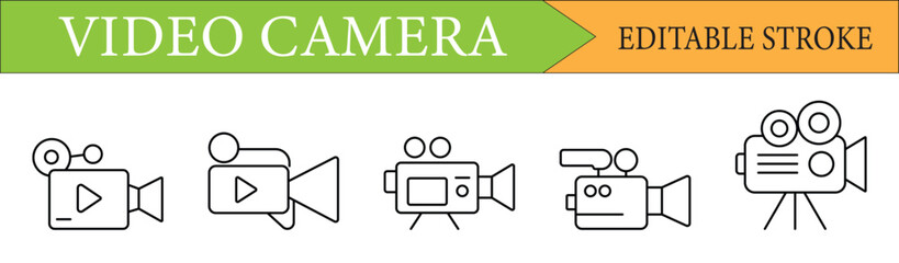 Video Camera Line Icon Set with Editable Stroke