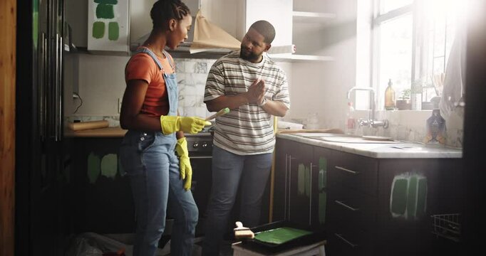 Painting, help and remodeling with black couple in kitchen for renovation, DIY project and bonding. Home impairment, property development and painter with man and woman in house for support and color