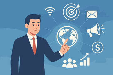 Businessman managing global business with digital marketing strategy. Concept of international networking, customer relations, financial growth, target audience, and HR management.