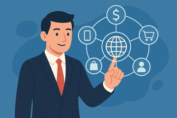 Businessman Touching Global Network Icon with Payment, Online Shopping, Customer Connection, Mobile Banking, Multichannel and Omnichannel Concept on Virtual Screen