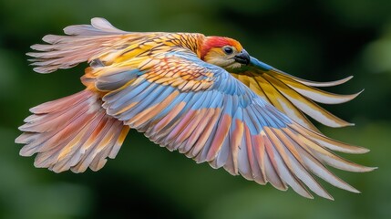 Vibrant parrot in flight, showcasing colorful plumage