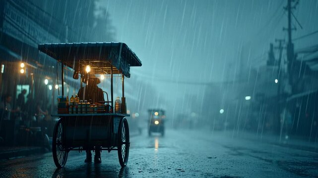A cinematic medium-close-up shot of a soaked somtum cart left alone in heavy rain. The street is empty. Water drips from the roof, ingredients are wet, and sadness fills the air. 