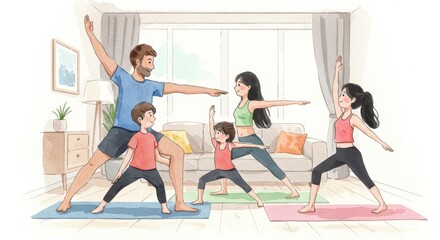 Obraz premium Family Yoga: A Path to Wellness and Bonding - A family of four practices yoga together at home, symbolizing health, unity, mindfulness, family time, and inner peace