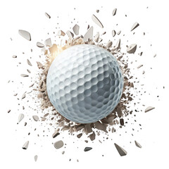 Golf ball impact with shattered debris around it isolated on transparent background