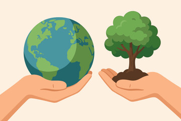 Hands holding Earth globe and green tree with soil, environmental protection, ecology conservation, sustainability, World Environment Day, nature care, flat vector illustration
