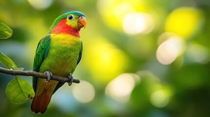 Vibrant parrot perched on branch, bokeh background