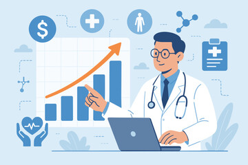 Healthcare business growth, medical data analytics, doctor with laptop, rising financial chart, professional service, research, development, investment, medical innovation