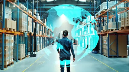 Futuristic Facial Recognition in Industrial Warehouse with Automated Forklifts - Powered by Adobe