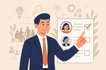 Human resources management, HR recruitment, employee selection, teamwork, leadership, teambuilding, businessman choosing candidate, online assessment, hiring process, business concept