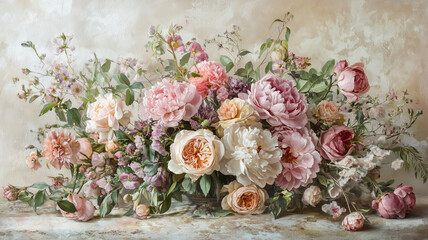 Romantic vintage floral arrangement with roses, peonies, and wildflowers on textured wallpaper, faded charm and soft light, botanical print style