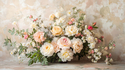 Romantic vintage floral arrangement with roses, peonies, and wildflowers on textured wallpaper, faded charm and soft light, botanical print style