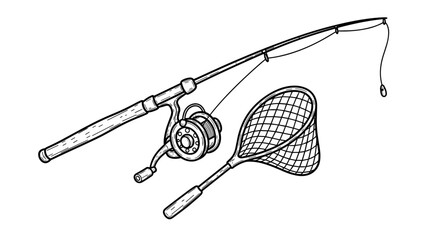 Fisherman's fishing set — fishing rod and net, vintage vector doodle illustration on white

