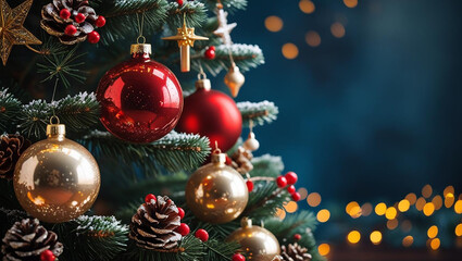Closeup of Decorated Christmas Tree with Red and Gold Ornaments Pine Cones and Berries Against a Dark Blue Background with Bokeh Lights