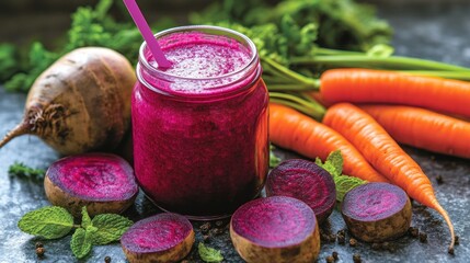 Vibrant purple smoothie made with beets and carrots, garnished with fresh mint