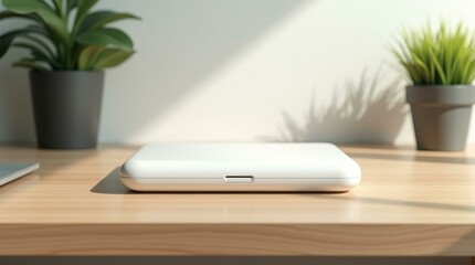 White power bank on desk — horizontal clean energy photo for business and office branding.
