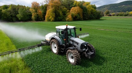 A tractor sprays water on pyramid-shaped potato fields, showcasing vibrant green sprouts against a sunset-lit backdrop