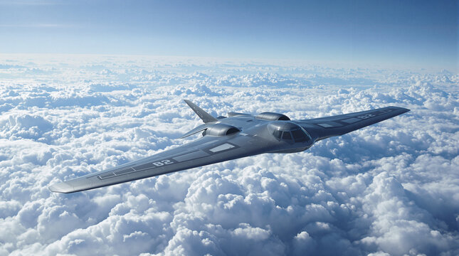 Stealth bomber aircraft soaring through a vast expanse of clouds. - Powered by Adobe