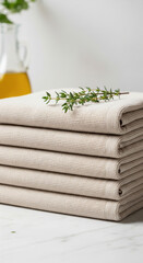 Neatly folded beige linen kitchen towels rest on a marble countertop, a sprig of thyme adding a touch of freshness to the scene