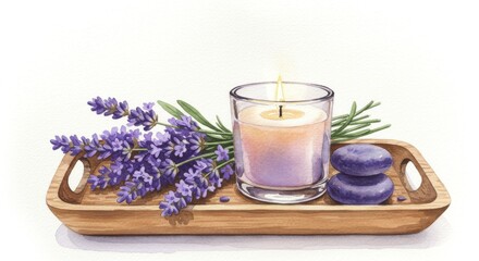 Lavender Candle and Stones on Tray - Tranquil scene of lavender sprigs, a lit candle, and smooth stones arranged on a wooden tray. Perfect for spa, wellness, or relaxation themes