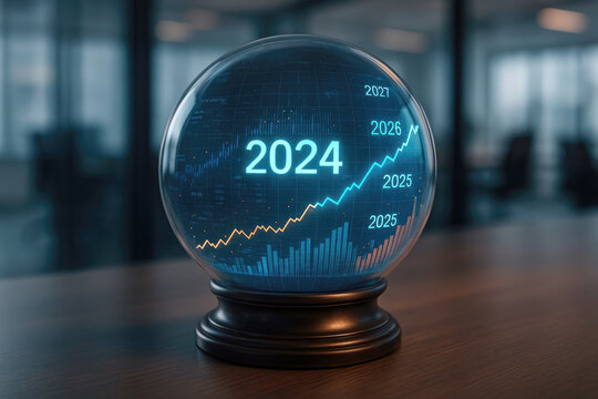Futuristic crystal ball displaying glowing financial charts and future years forecasting