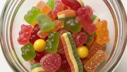 Gummy candies falling into a clear glass jar, creating a colorful and sweet treat display of various shapes - Powered by Adobe