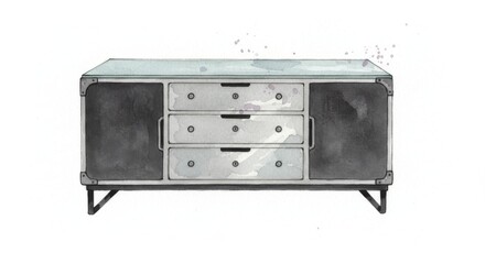 Fototapeta premium Modern Industrial Sideboard - Stylish sideboard with metal accents and a light gray top. Perfect for modern or industrial interiors. Ample storage with drawers and cabinets
