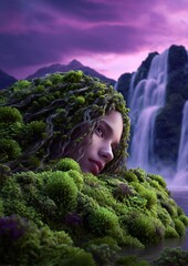Portrait d'une femme allongée, fusionnant avec la nature devant des cascades, sur fond de ciel violet et de montagnes pittoresques.