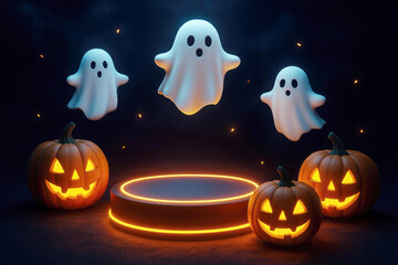Glowing Halloween Scene With Floating Ghosts And Jack O Lanterns pumpkins