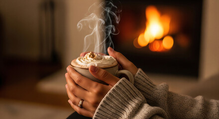 Two hands gently hold a warm mug of hot chocolate topped with whipped cream, sitting by a crackling fireplace on a cozy winter evening