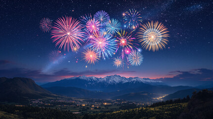Colorful fireworks display over a valley at night.