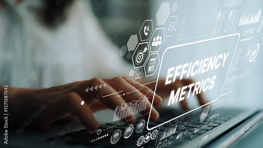 Poster hands typing on keyboard with overlay of digital efficiency metrics concept in office environment. a