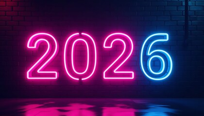 Glowing neon numbers 2026 in vibrant pink and blue tones