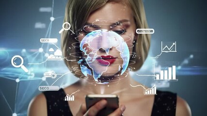 Woman uses smartphone with holographic earth globe projection. Digital communication technology, global connectivity concept. Virtual reality interface, augmented mobile device innovation. - Powered by Adobe