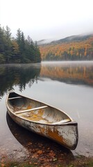 Fototapeta premium Canoe on misty autumn lake