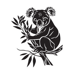 Obraz premium Cute Koala silhouette, Cute Koala vector, Koala black vector illustration, vector black color silhouette solid white background, Majestic koala silhouette for digital design