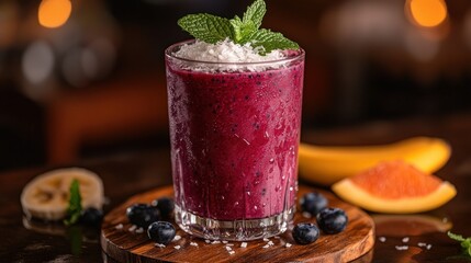 Vibrant purple smoothie topped with coconut flakes and mint
