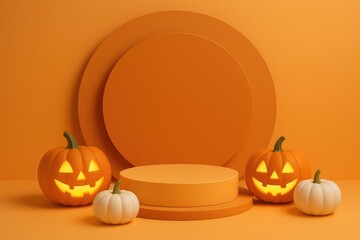 Glowing jack o lanterns and pumpkins on orange display podiums halloween carved