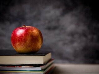 Overhead Apple on Books with Dark Grey Background, Minimalist Still Life for Education and Healthy Lifestyle Desktop Scene