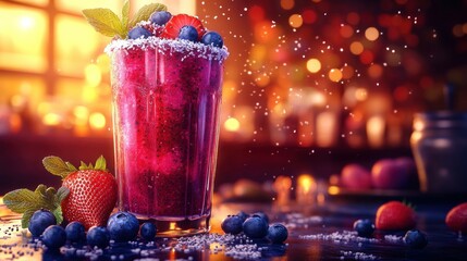 Vibrant purple smoothie topped with fresh berries and mint,  sparkling with sugar